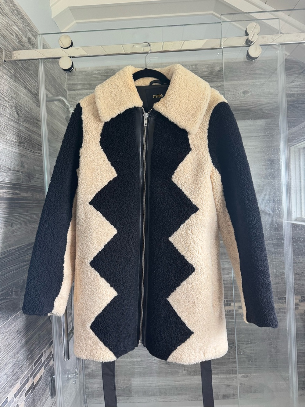 Maje Black & Cream Chevron Teddy Jacket
